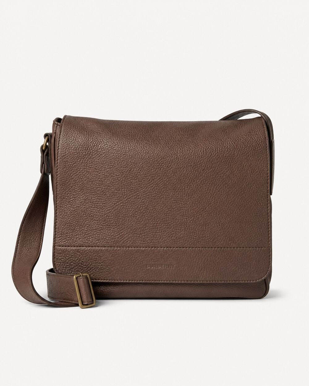Burberry Men Brown Pebbled Leather Messenger Bag Crossbody Nova Check Lined Flap